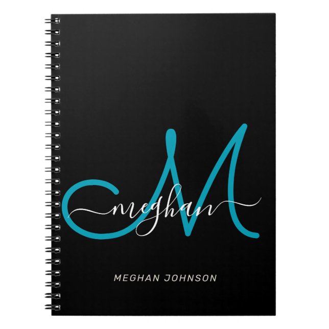 Modern Chic Black Teal Script Monogrammed bärbar d Anteckningsbok (Framsidan)