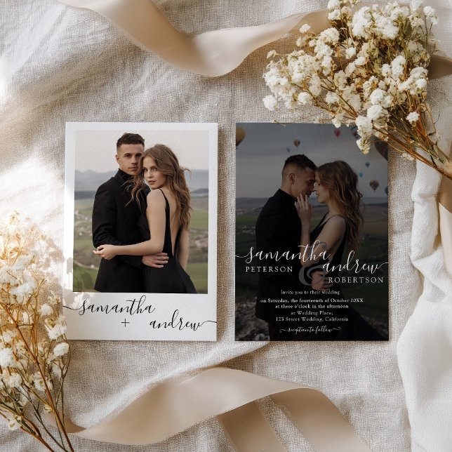 Modern Chic Black White 2 Photo Minimalist Bröllop Inbjudningar (Modern Chic Black White 2 Photo Minimalist Wedding Invitation)