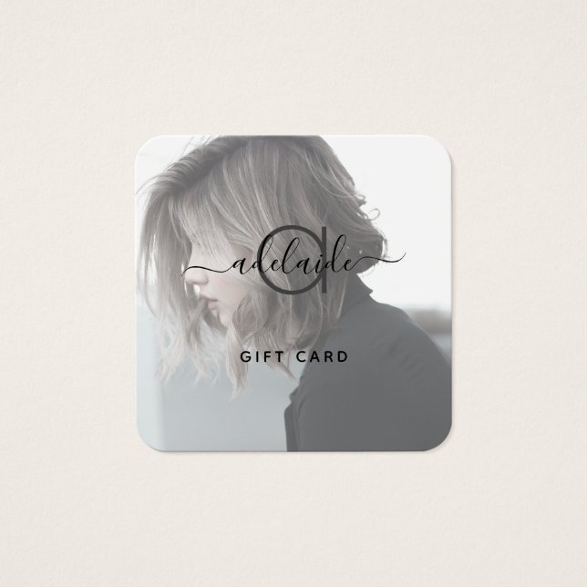 Modern Chic Black White Monogram Photo Gift Card Fyrkantigt Visitkort (Framsida)