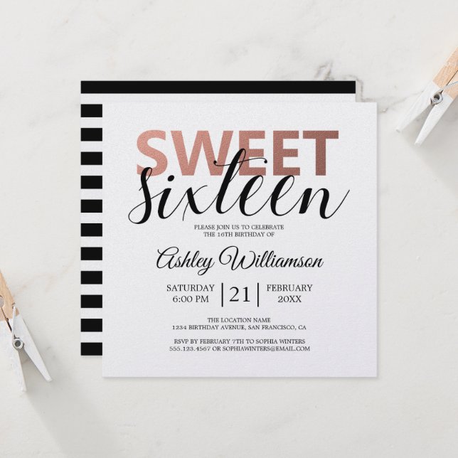 Modern Chic Black White Rand Rosa Sweet 16 Inbjudningar (Fram/Back In Situ)