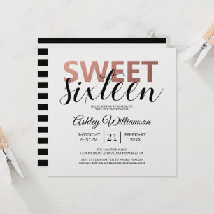 Modern Chic Black White Rand Rosa Sweet 16 Inbjudningar