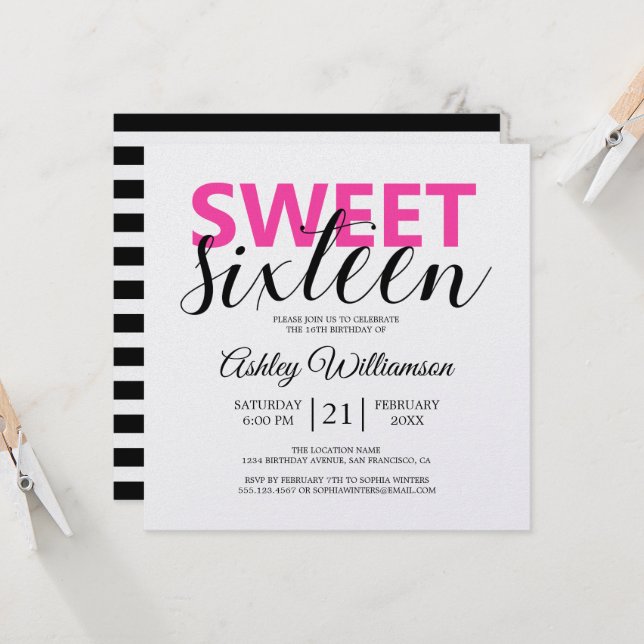 Modern Chic Black White Rand Rosa Sweet 16 Inbjudningar (Fram/Back In Situ)