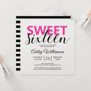 Modern Chic Black White Rand Rosa Sweet 16 Inbjudningar