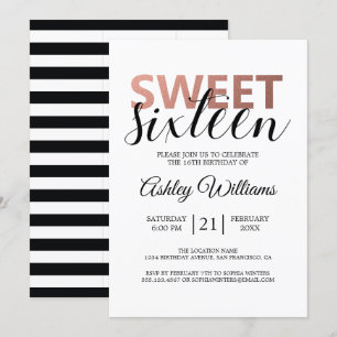 Modern Chic Black White Rand Rosa Sweet 16 Inbjudningar