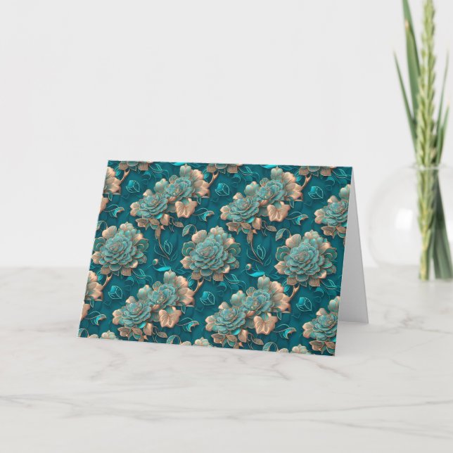 Modern, Chic, Blommigt Teal & Bronze-mappat anteck Anteckningskort (Framsida)
