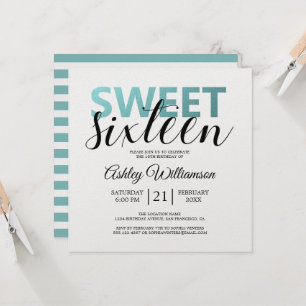 Modern Chic Blue White Rand Rosa Sweet 16 Inbjudningar