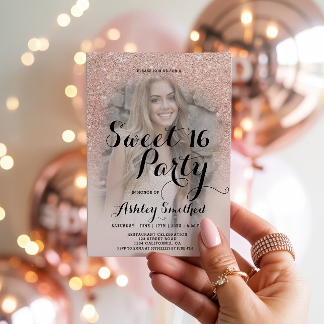 Modern Chic Blush roséguld glitterfoto Sweet 16 Inbjudningar (Modern Chic Blush rose gold glitter photo Sweet 16 Invitation)