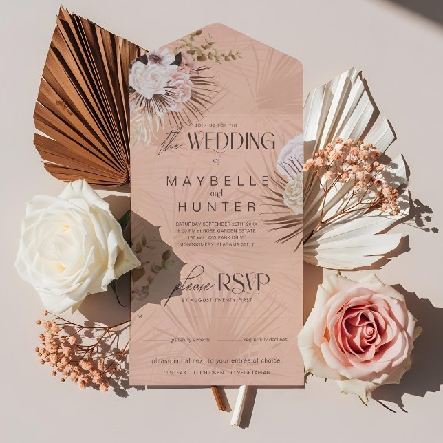Modern Chic Bohemian Watercolor Blommigt Bröllop (Modern Chic Bohemian Watercolor Floral Wedding All In One Invitation)