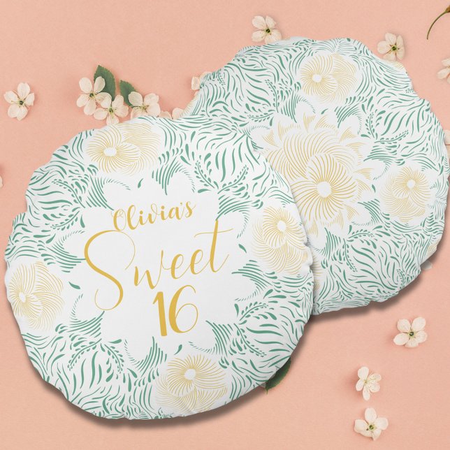 Modern Chic Boho Blommigt Sweet 16 Födelsedagsfest Rund Kudde (Skapare uppladdad)