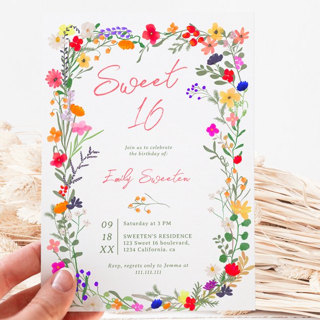 Modern chic boho-blommor av klar vild Sweet 16 Inbjudningar (Modern chic boho bright wild flowers Sweet 16 Invitation)