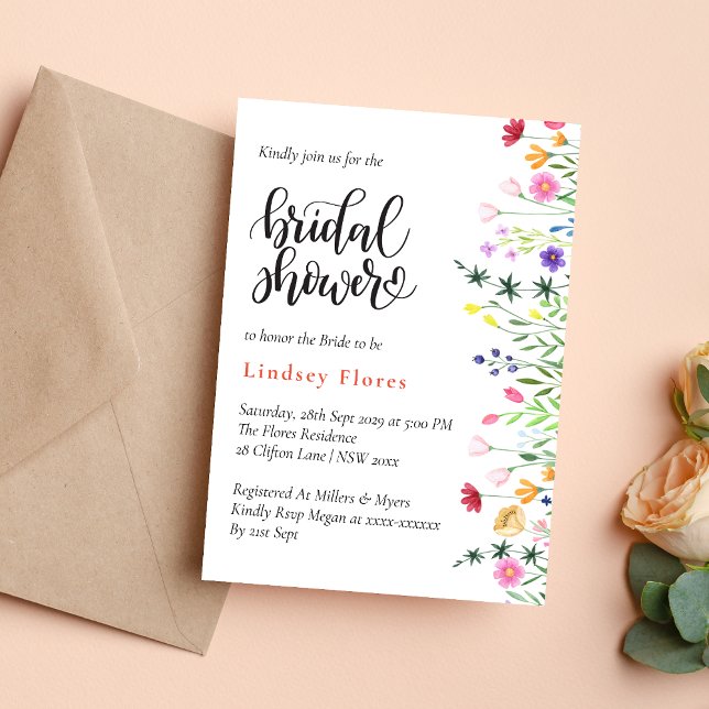 Modern Chic Boho Ljus Vilda Blommor Bröllopsfest Inbjudningar (Modern chic boho bright wild flowers invitation creates a vibrant, stylish shower vibe)