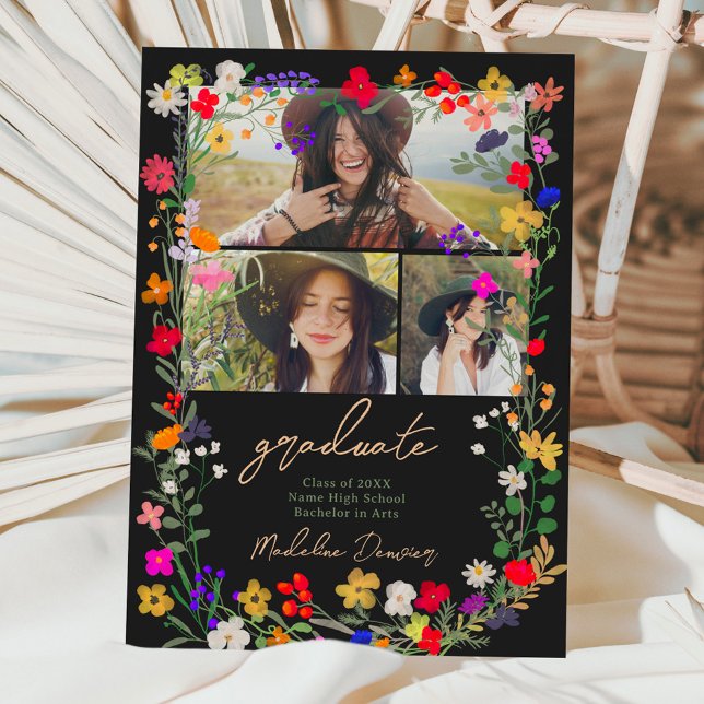 Modern chic boho - ljusa vilder blommor studenten meddelande (Modern chic boho bright wild flowers graduation announcement black)