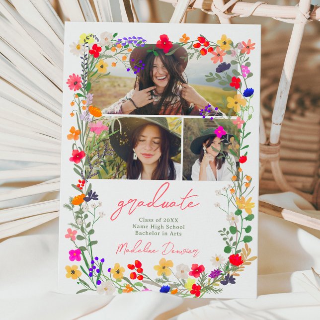 Modern chic boho - ljusa vilder blommor studenten meddelande (Modern chic boho bright wild flowers graduation announcement)