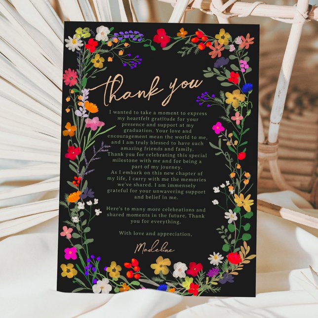 Modern chic boho - ljusa vilder blommor studenten tack kort (Modern chic boho bright wild flowers graduation thank you card black)