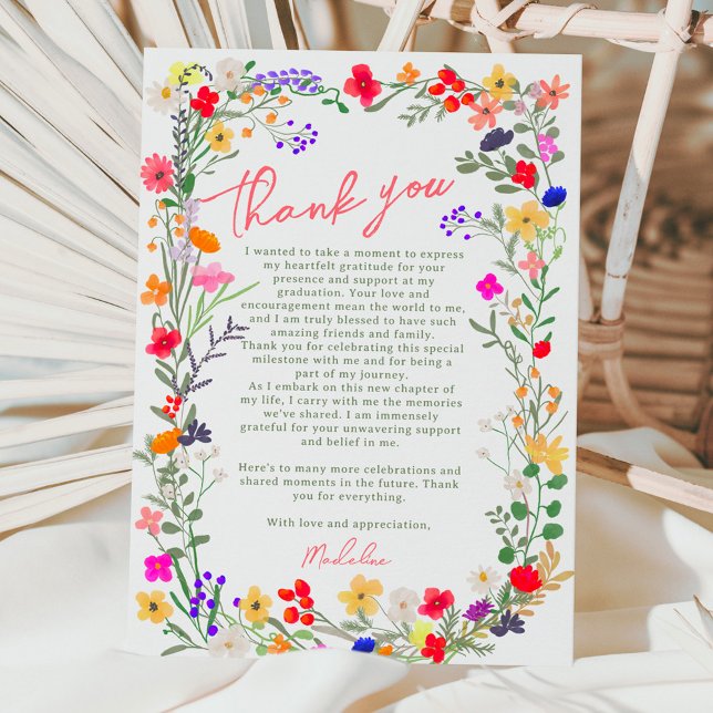 Modern chic boho - ljusa vilder blommor studenten tack kort (Modern chic boho bright wild flowers graduation thank you card)
