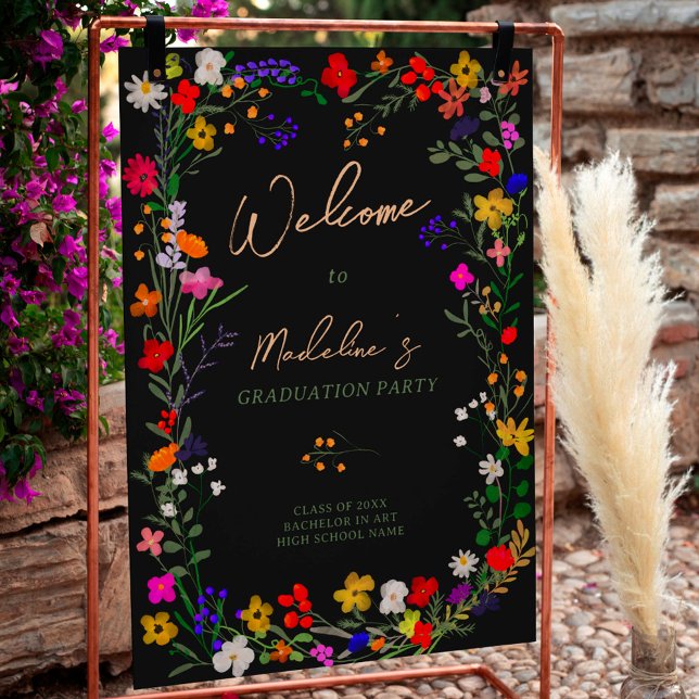 Modern chic boho vild blommor studenten välkomnar poster (Modern chic boho wild flowers graduation welcome poster black)