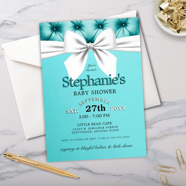 Modern Chic Bow Aqua Blue Tiffany Baby Shower Inbjudningar (elegant tiffany theme baby shower with tufted background, white bow and modern typography)