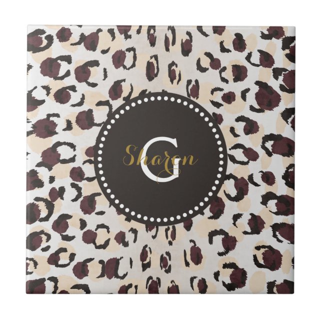 Modern chic brun cheetah print mönster monogram kakelplatta (Framsidan)