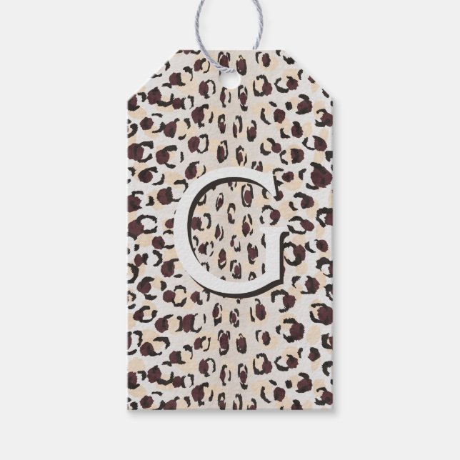 Modern chic brun cheetah print mönster monogram presentetikett (Framsidan)