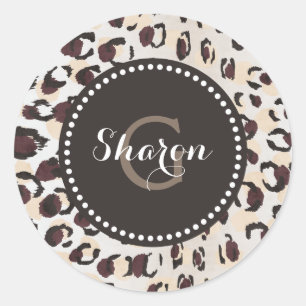 Modern chic brun cheetah print mönster monogram runt klistermärke