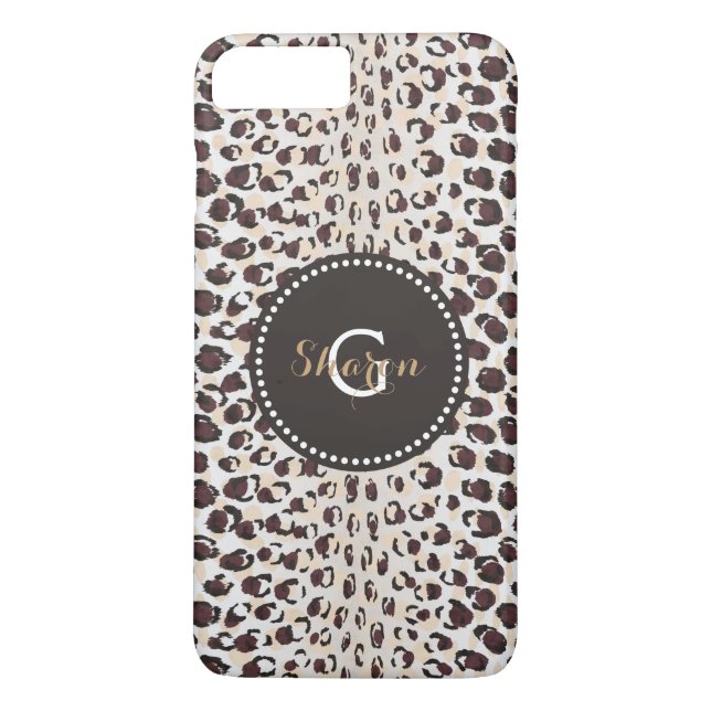 Modern chic brun gepardtrycksmönster monogram Case-Mate iPhone skal (Baksida)