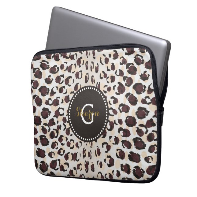 Modern chic brun gepardtrycksmönster monogram laptop fodral (Framsidan Vänster)