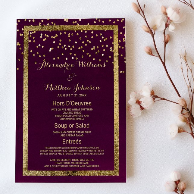 Modern chic burgundy guld confietti Bröllop Menu Meny (Modern chic burgundy gold confetti Wedding Menu)