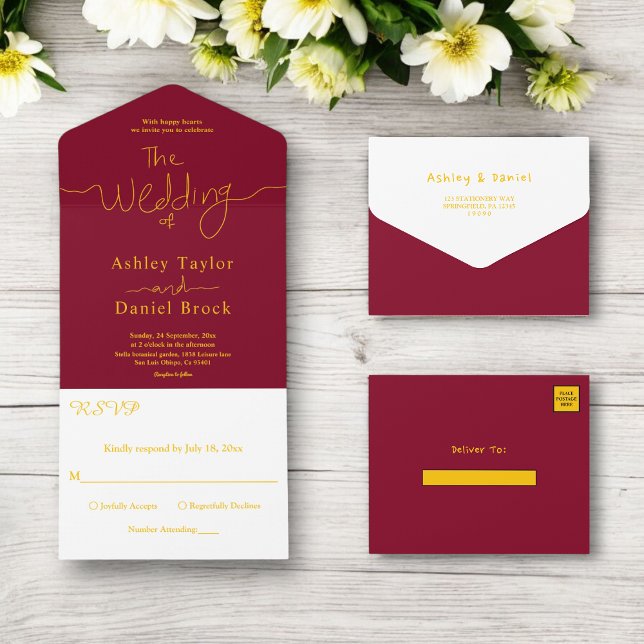 Modern Chic Burgundy och Guld Calligraphy Bröllop (Skapare uppladdad)