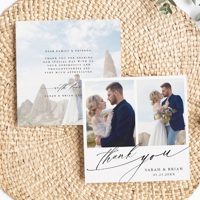 Modern Chic Calligraphy 3 Photo Bröllop Square Tack Kort (Front & Back)