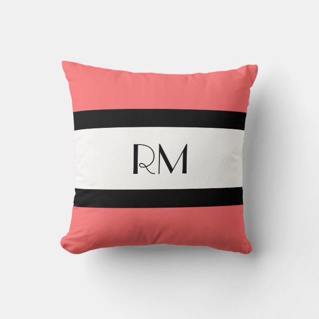 Modern Chic Coral Black White Monogrammed Pillow Kudde (Framsida)