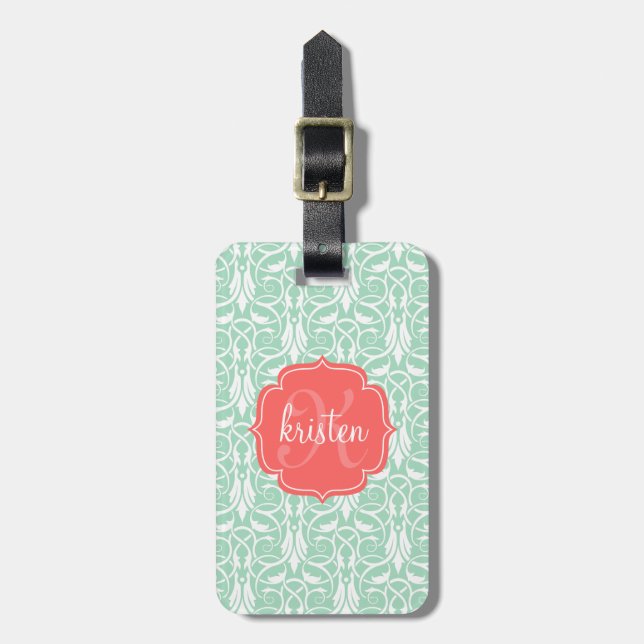 Modern Chic Coral & Mint Grönt Damask-Personlig Bagagebricka (Vertikal Framsida)