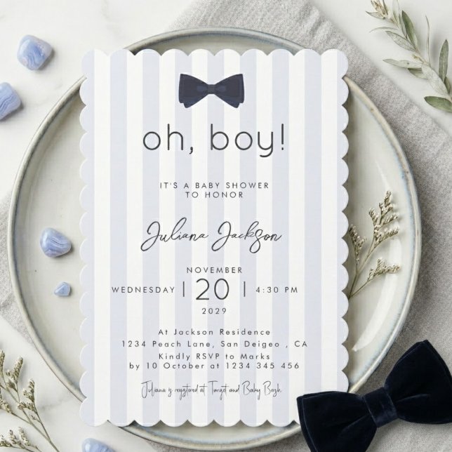 Modern Chic Damblå Oh Boy Bow Baby Shower  Inbjudningar (Skapare uppladdad)