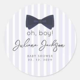 Modern Chic Damblå Oh Boy Bow Baby Shower Runt Klistermärke