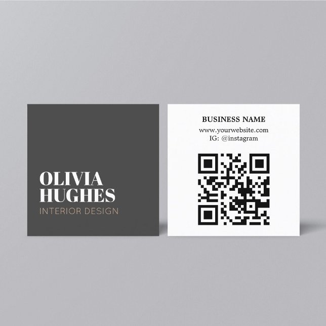 Modern Chic Dark Grey White Brown QR code Fyrkantigt Visitkort (Skapare uppladdad)