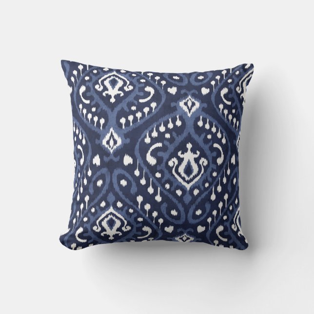Modern chic dekorativ blå och vit ikat-kudde kudde (Framsida)