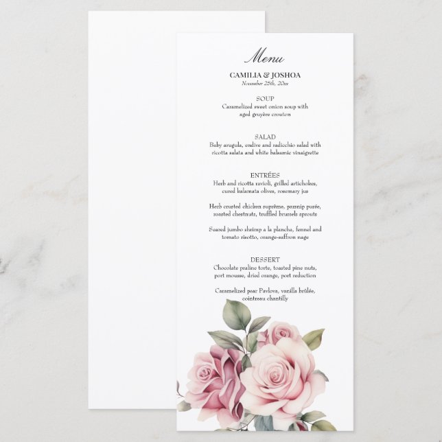 Modern Chic Elegant Romantic Pink Rose Wedding Meny (Fram/baksida)