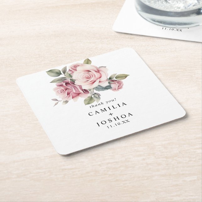 Modern Chic Elegant Romantisk Rosa Ros Bröllop Underlägg Papper Kvadrat (Vinklad)