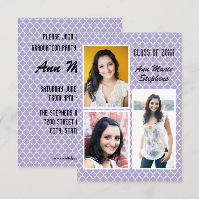 Modern Chic Examen 3 Bilder Lila Quatrefoil -3x5 Inbjudningar (Fram/baksida)