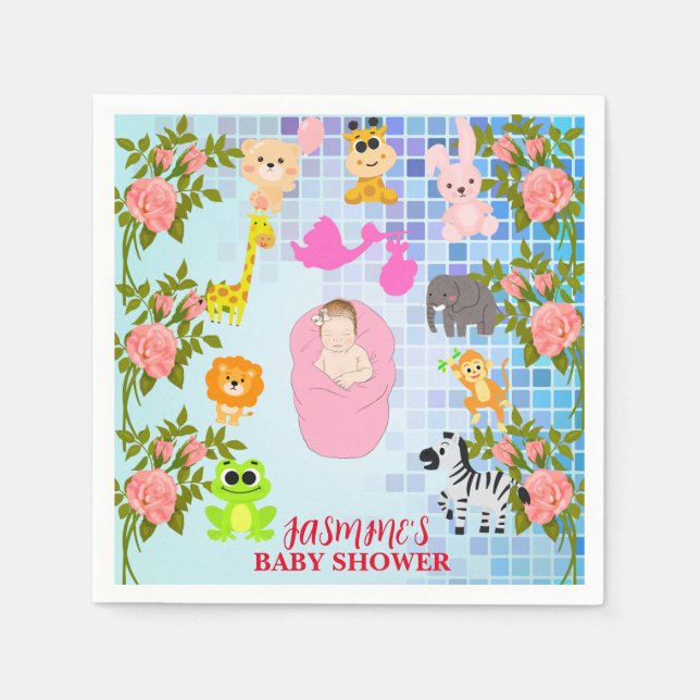 Modern Chic Färgfull Blommigt Blue Boho Baby Showe Pappersservett (Framsidan)