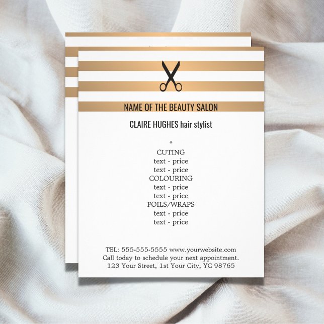 Modern Chic Faux Guld Rand Hairstylist Menu Flygblad (Skapare uppladdad)