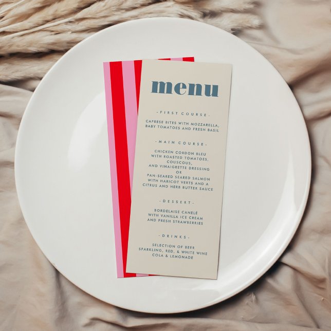 Modern Chic, fetstil, enkel Bröllop Meny (Modern Chic Bold Typography Simple Wedding Menu with pink and red stripes on backside)