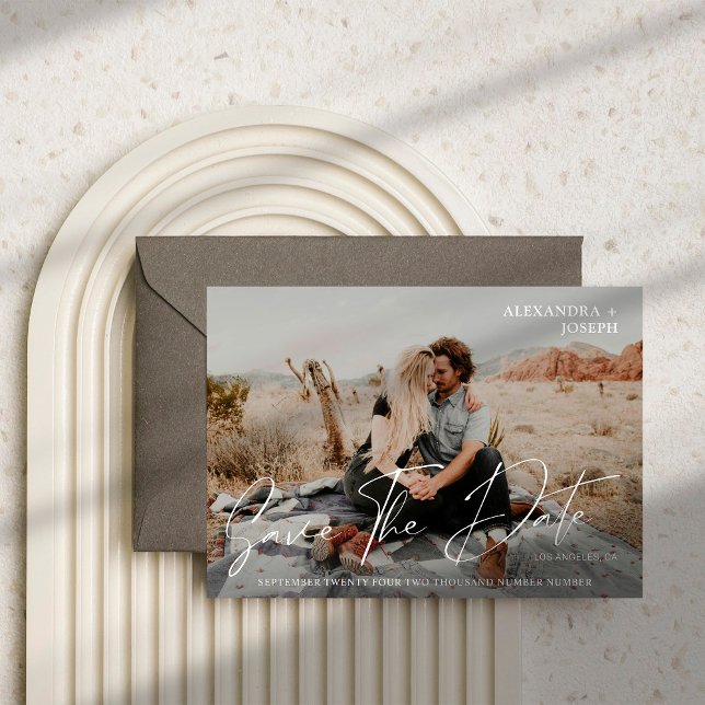 Modern Chic Foto Långt datum Spara datumvit Inbjudningar (Skapare uppladdad)