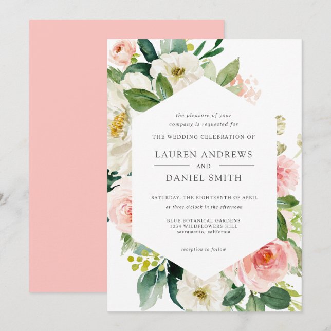 Modern  | Chic Geometric Guld Blommigt Bröllop Inbjudningar (Fram/baksida)