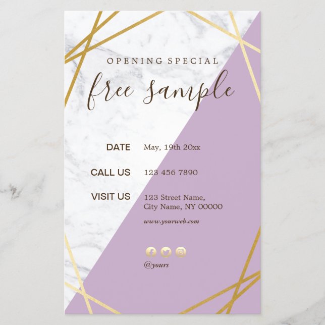 Modern Chic Geometric Guld Marble Lavender 5.5x8.5 Flygblad (Framsidan)