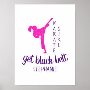 Modern Chic Girly Rosa Karate Silhouette med Namn Poster