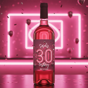 Modern Chic Glam Metallic Neon Rosa 30års födelsed Vinflaska Etikett