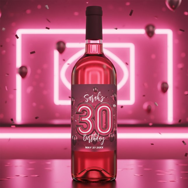 Modern Chic Glam Metallic Neon Rosa 30års födelsed Vinflaska Etikett (Skapare uppladdad)