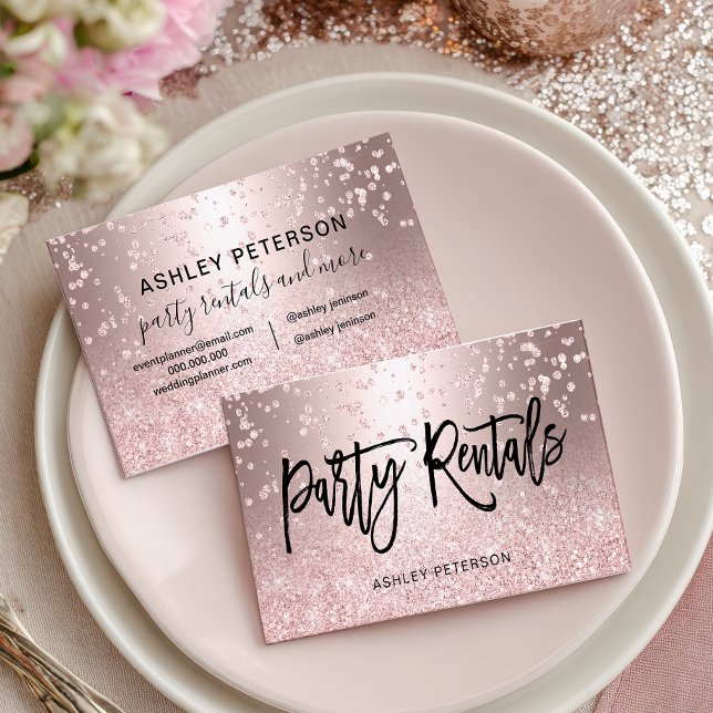 Modern Chic Glam Rose Gold Glitter Party Rentals Visitkort (Modern Chic Glam Rose Gold Glitter Party Rentals Business Card)