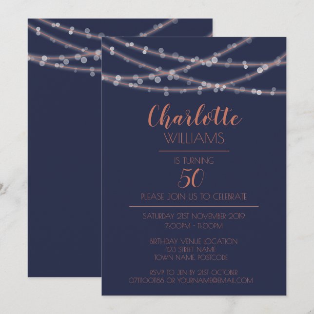 Modern Chic Glödlampa Strängljus 50-årsdag Inbjudningar (Fram/baksida)