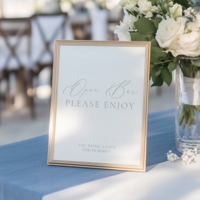 Modern Chic Grön & Vit Öppen Bar Bröllopsskylt (Modern Chic Green & White Open Bar Wedding Sign)